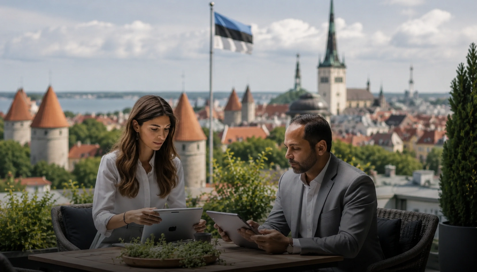 Business consultation with Tallinn Old Town in the background