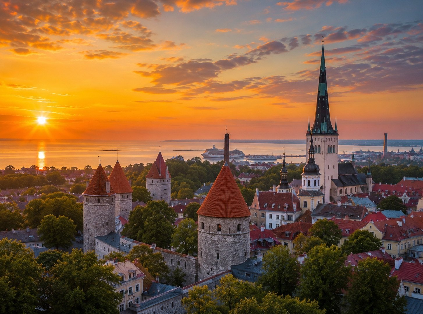 Tallinn Old Town skyline at sunset, Estonia