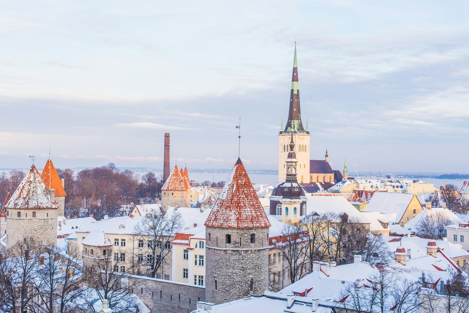 Snow-covered Tallinn Old Town with historic towers