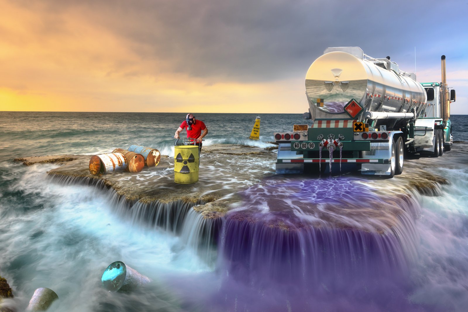 Toxic waste spill by the sea, with barrels and a tanker truck illustrating environmental pollution